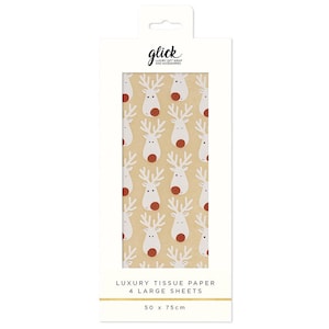 May include: Tissue paper with a repeating pattern of white reindeer with red noses and antlers. The packaging reads "glick LUXURY GIFT WRAP AND ACCESSORIES" and "LUXURY TISSUE PAPER 4 LARGE SHEETS" with dimensions of 50 x 75cm.