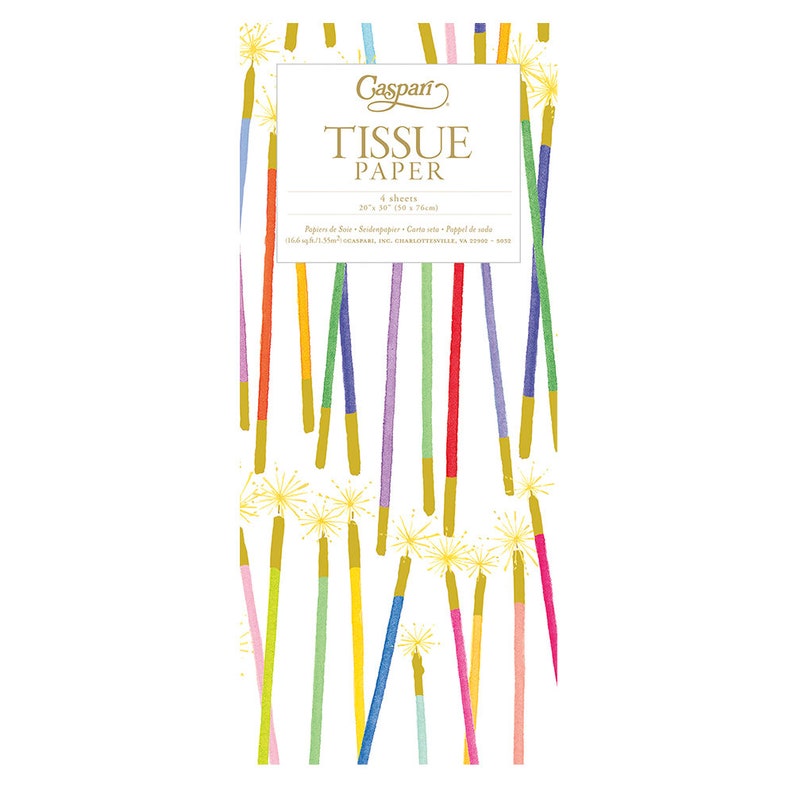 May include: A pack of 4 tissue paper sheets with a colorful sparkler design. The tissue paper is white with a gold border and the text "Gaspari Tissue Paper" in gold lettering. The text "4 sheets" and "20" x 30" (50 x 76cm)" is also printed in gold lettering.