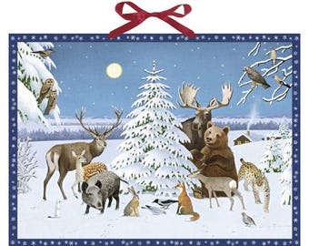 May include: A rectangular winter-themed wall hanging with a blue border and a red ribbon. The image depicts various animals in a snowy forest scene, including deer, a bear, and an owl. A full moon is in the sky.
