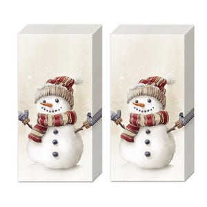 Könnte beinhalten: Zwei Stapel rechteckiger Papierservietten mit einer aufgedruckten Illustration eines Schneemanns, der eine rot-beige gestreifte Strickmütze und einen passenden Schal trägt. Der Schneemann hat eine Karottennase, Stockarme und drei dunkle Knöpfe.