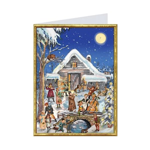 Victoriaanse sneeuwscène Richard Sellmer Verlag Traditionele Duitse adventskalenderkaart 105 x 155 mm met Env en 24 kleine deurtjes om te openen