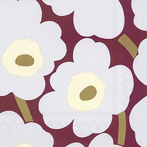 Tovaglioli di carta Marimekko Unikko Bordeaux Flower Cocktail IHR, 25 cm o 10 pollici quadrati, 3 veli