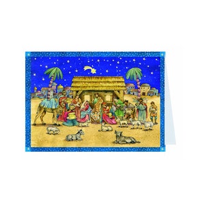 Kerststal met palmen Richard Sellmer Verlag Traditionele Duitse adventskalenderkaart 105 x 155 mm met envelop en 24 kleine deurtjes om te openen