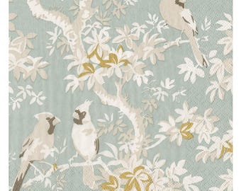 Serwetki papierowe Scenic Songbirds Celadon Caspari, kwadratowe, 25 cm, 3-warstwowe, koktajlowe