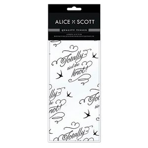 May include: A white tissue box with a black and white design. The design features the text "Totally tied the knot!" in a cursive font with a stylized bird illustration.