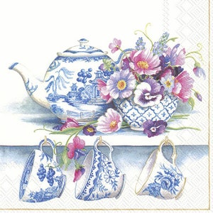 Théière et tasses à thé en porcelaine tendre avec fleurs, bleu blanc, serviettes de table en papier IHR, serviettes à lunch carrées 3 épaisseurs, 33 cm