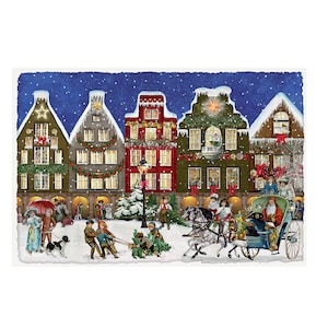 Tarjeta de Adviento de Casas Alrededor de la Ciudad. Diseño de Barbara Behr 16,5 x 11,5 cm Purpurina iridiscente con sobres