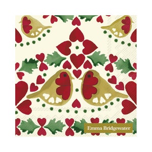 May include: Square paper napkin with a repeating pattern of gold birds, red hearts, and green leaves on an off-white background. The text "Emma Bridgewater" is printed in a gold rectangle at the bottom.