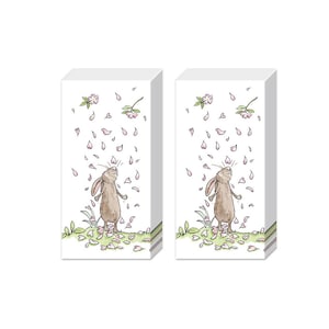 Peut inclure: Deux piles de serviettes en papier blanches avec une illustration fantaisiste. Chaque serviette représente un lapin brun regardant vers le haut des pétales de fleurs roses et des feuilles vertes qui tombent. Le design est sur fond blanc.