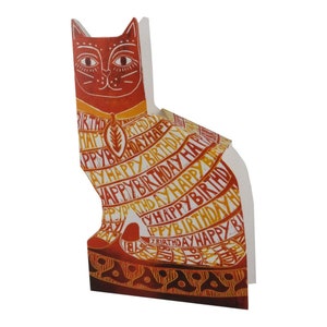 Carte de voeux 3D Happy Birthday Cat Judy Lumley avec enveloppe à partir d'oeuvres d'art découpées en lino
