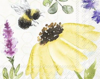 Serviettes de table en papier cocktail crème fleurs Summer Bees IHR, 25 cm de côté, 3 épaisseurs