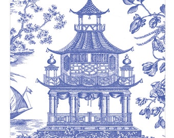 Chinoserie Toile Pagoda Blue Cocktail Caspari Paper Table Napkins 25 cm or 10 inches square 3 ply