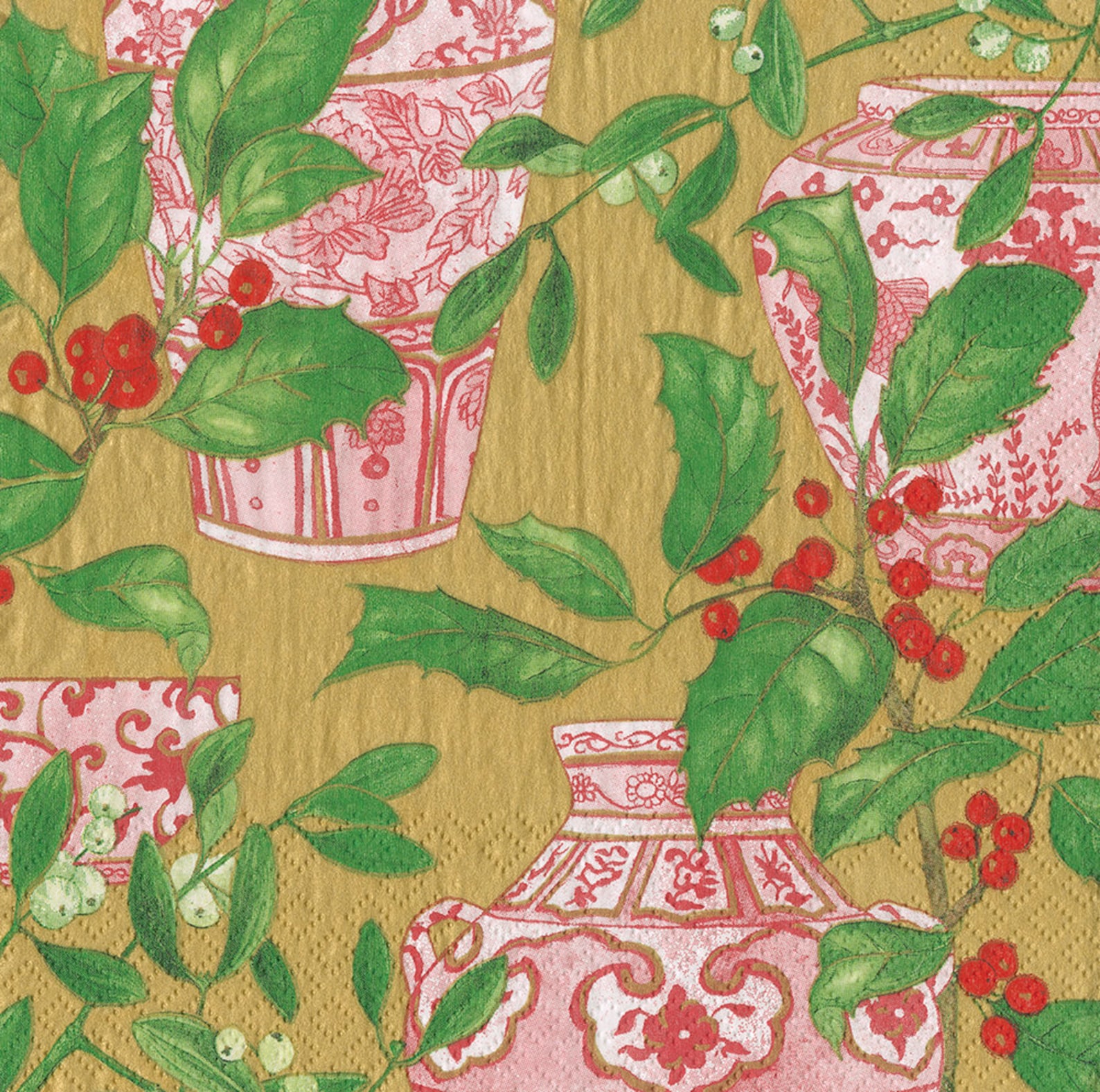 Caspari Holly and Porcelain Christmas Paper Table Napkins 33 Cm Square