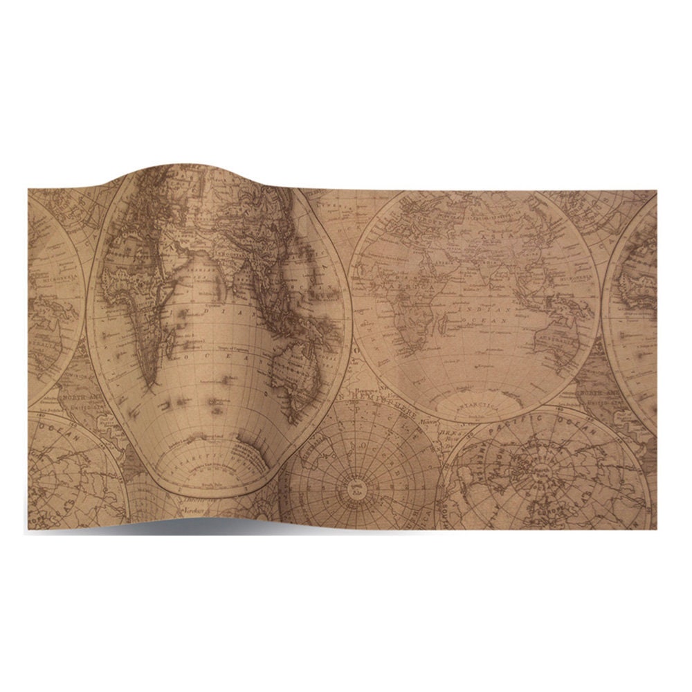 World Map Kraft Tissue Wrap Vintage / Antique Look 15x20 or 20x30