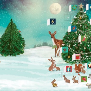 Feestelijke bosboom Wildlife Tree adventskalenderkaart met envelop 170 x 120 mm Roger la Borde 24 kleine deurtjes om te openen