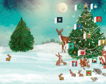 Feestelijke bosboom Wildlife Tree adventskalenderkaart met envelop 170 x 120 mm Roger la Borde 24 kleine deurtjes om te openen