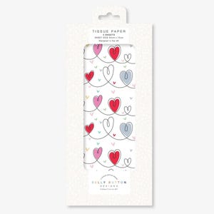 May include: Tissue paper featuring a repeating pattern of red, pink, and grey hearts on a white background. The packaging reads "TISSUE PAPER 4 SHEETS SHEET SIZE 50cm x 75cm Designed in the UK" and features the Belly Button Designs logo.