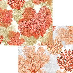 May include: A seamless pattern featuring coral branches in shades of orange and red on a white background. The coral branches are delicate and intricate, creating a beautiful and natural design.