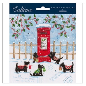 Scotty Dog Postbox Adventskalenderkaart 160 x 160 mm Caltime met envelop met envelop met envelop en 24 deurtjes om te openen