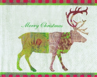 May include: A green and brown reindeer silhouette with the text "Merry Christmas" on a white background with red and green stripes.