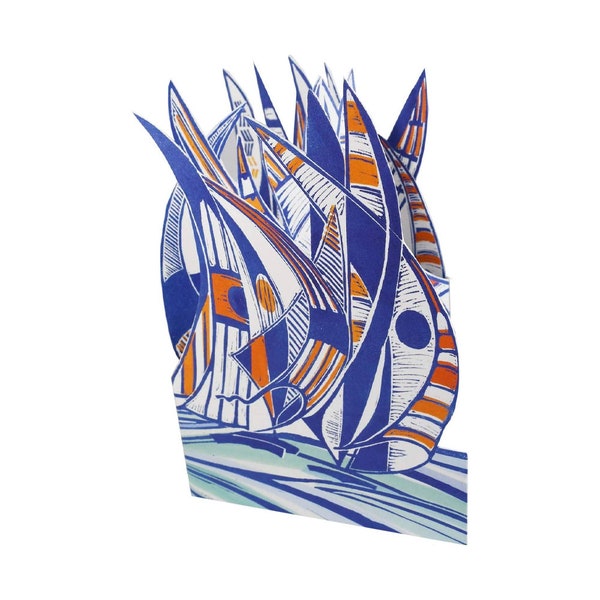 Regatta Sailing Tri Fold Greeting Card with Envelope from Lino Cut Artwork