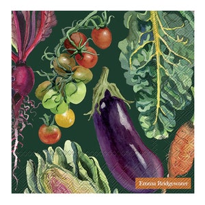 May include: A green background with a watercolor illustration of various vegetables, including eggplant, tomatoes, artichoke, beet, and kale. The text "Emma Bridgewater" is in the bottom right corner.
