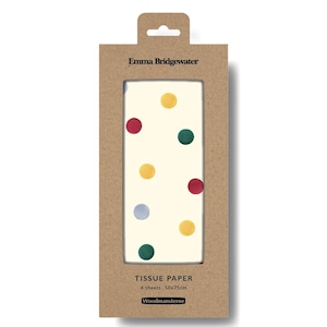 Peut inclure: Un paquet de papier de soie à pois rouges, jaunes, verts et bleus. L'emballage est brun et porte les inscriptions "Emma Bridgewater" et "Papier de soie 4 feuilles 50x75cm Woodmansterne".