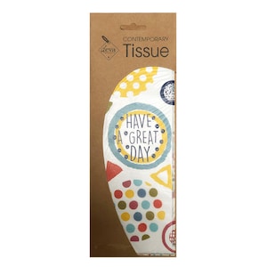 Puede incluir: Un paquete de papel de seda contemporáneo con un diseño geométrico colorido y el texto "Have a Great Day".