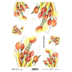 Rode bloemen met groene en gele stelen Rijstpapier ITD A4 Rijstpapier Moerbeipapier voor decoupage 210 x 297 mm Gratis post in VK