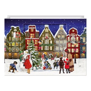 Huizen Winter Woodland Walk Adventkalenderkaart 3D-effect Lenticulair paneelontwerp door Barbara Behr 6,5 x 11,5 cm glitter goudfolie envelop