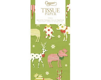 May include: Green tissue paper with a white border and a red and white striped pattern. The tissue paper features a repeating pattern of reindeer, penguins, and snowflakes. The text "Caspari Tissue Paper" is printed in a white box on the front of the tissue paper.
