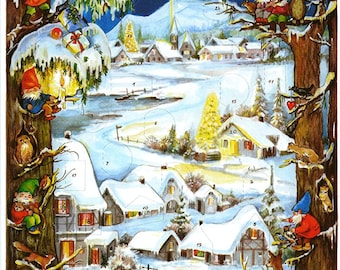Snowscene Bäume und Zwerge Dorf im Schnee Richard Pullimer 297 x 210 (A4) Adventskalender 297 x 210 cm Glitzer & Lichteinfall Fenster