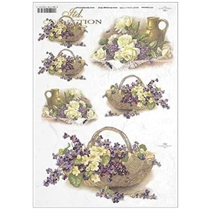Rose e viole viola e crema in cesti e caraffe Fiori ITD A4 Carta di riso Carta di gelso per decoupage 210 x 297 mm Posta gratuita nel Regno Unito