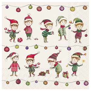 May include: A decorative paper napkin featuring illustrations of Christmas elves. The elves are depicted in various poses, wearing red and green outfits, hats, and scarves. Colorful string lights and ornaments decorate the background.