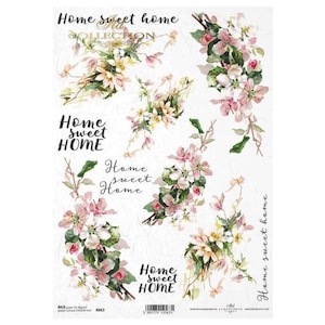Fleurs roses avec texte Home Sweet Home Papier de riz ITD A4 Papier de riz Papier mûrier pour découpage 210 x 297 mm Envoi gratuit au Royaume-Uni
