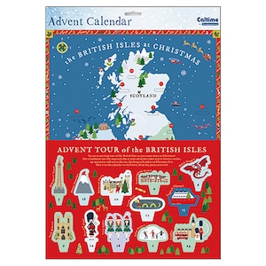 Può includere: Un calendario dell'avvento rosso e blu con una mappa delle Isole britanniche con posizioni numerate. Il calendario ha uno sfondo rosso con un bordo bianco e il testo "Advent Tour of the British Isles".