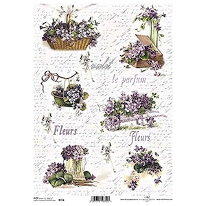 Fiołki w koszykach, pudełkach, wazonach i taczkach ITD A4 Papier ryżowy Papier morwowy do decoupage'u 210 x 297 mm Darmowa wysyłka w Wielkiej Brytanii