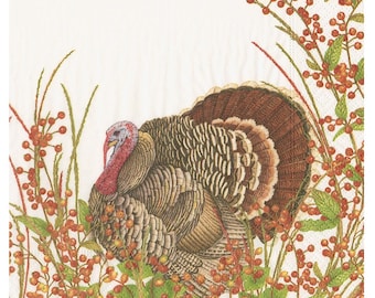 May include: A detailed illustration of a turkey with brown, tan, and red feathers, surrounded by green foliage and red berries. The turkey is the central focus, with its head and neck in shades of red and blue.