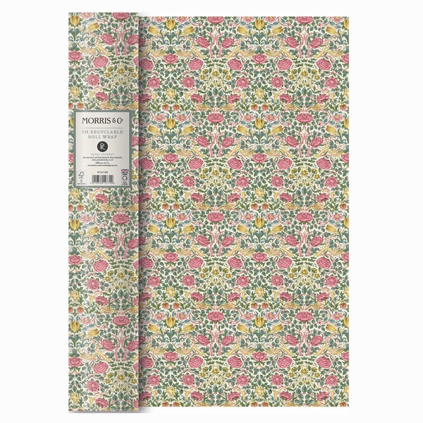 Morris and Co Rose Spring Green 3 m x 70 cm hochwertiges dickes Geschenkpapierrolle