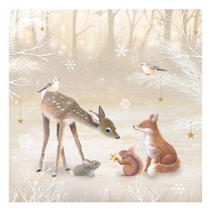 Tarjeta de calendario de adviento con ciervos adorables y vida salvaje invernal Ilustración de Sarah Summers 15 x 15 cm Brillantina iridiscente Sobres Lámina dorada