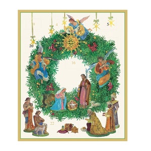 Kerstkrans van Robert Dohar Caspari Adventskalenderkaart met 24 kleine deurtjes om te openen 18 x 13 cm met envelop