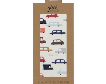 May include: A pack of luxury tissue paper featuring a colourful car design. The pack is brown with the text "glick" and "beep beep!" printed on it. The tissue paper comes in 4 large sheets, 50x75cm.