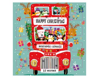 Santa Bus Advent Ling Calendar Card 159 x 159 mm with Envelope and 24 little doors to open