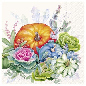 May include: A watercolour illustration featuring pumpkins and decorative gourds in orange, blue, green, and white. The arrangement includes leafy greens and pink and purple flowers, creating a harvest theme.