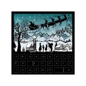 Grüne Weihnachtsschlitten Weihnachtsszene Silhouette Adventskarte mit 24 Klappen und Umschlag 15 x 15 cm