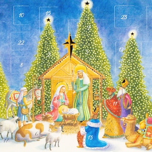 Kerststal Caspari adventskalenderkaart met 24 kleine deurtjes om te openen 18 x 13 cm met envelop