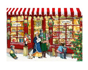 Op de afbeelding: Een rood-wit gestreepte luifel boven een winkel met de tekst "Toy Shop" erop. Er zijn mensen die binnen en buiten de winkel winkelen. De etalages zijn versierd met kerstverlichting en kerstversiering. Er staat een kerstboom voor de winkel.