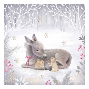 Tarjeta de calendario de adviento con adorable burro y fauna invernal Ilustración de Sarah Summers 15 x 15 cm Brillantina iridiscente Sobres de papel dorado