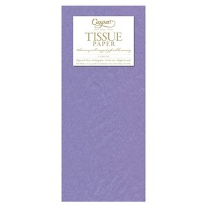 May include: A rectangular sheet of lavender tissue paper with a textured surface. The top right corner features a white label with the text "Gaspari TISSUE PAPER". The text "What every well-wrapped gift will be wearing" is also visible.