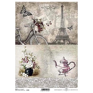 Fiets, Vlinder en Eiffeltoren + Thee en Bloempot Rijstpapier ITD A4 Rijstpapier Moerbeipapier voor decoupage 210 x 297 mm Gratis post in VK